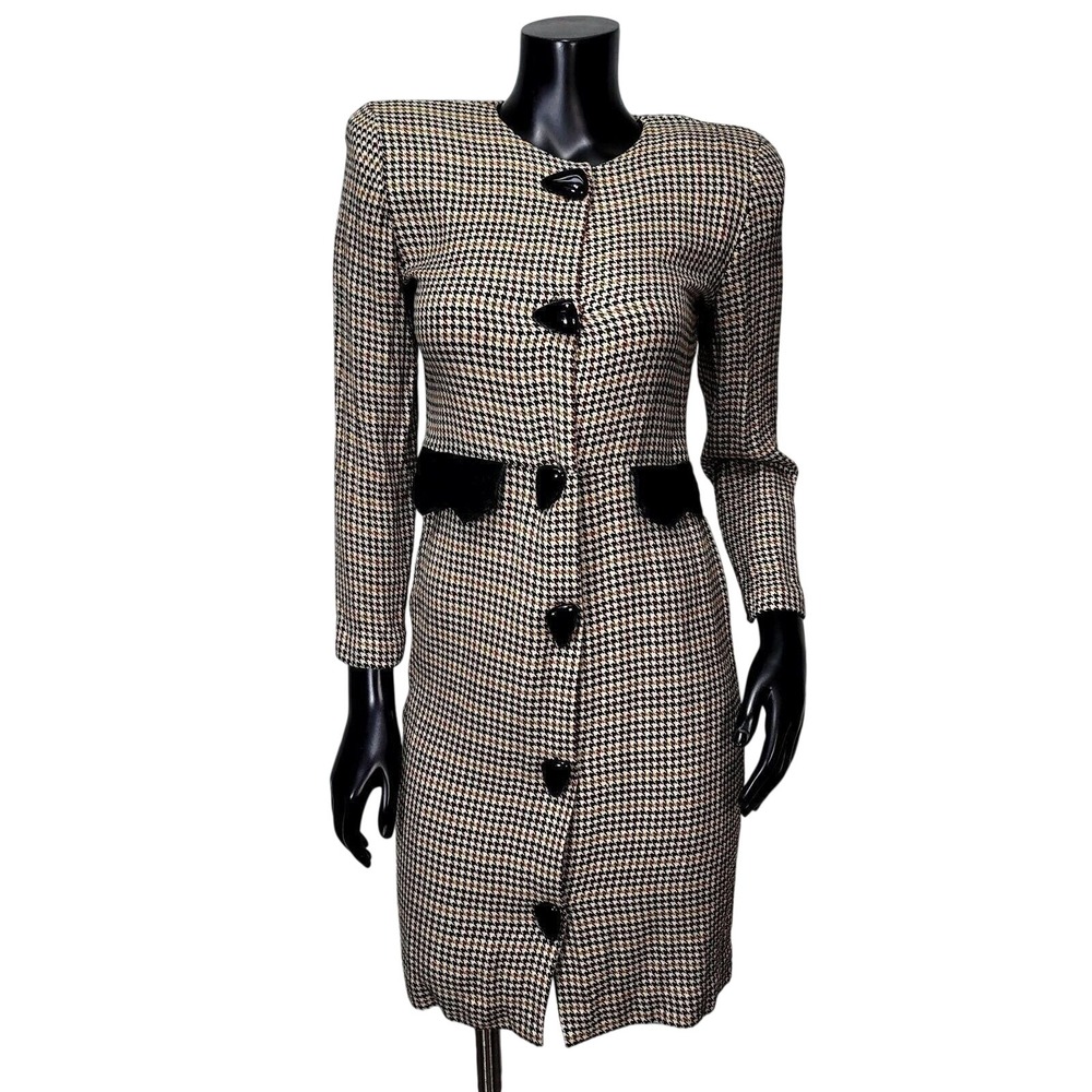 Vintage 80s Cynthia Howie Petite 4 Houndstooth Dress USA‎ Velvet Trim Academia